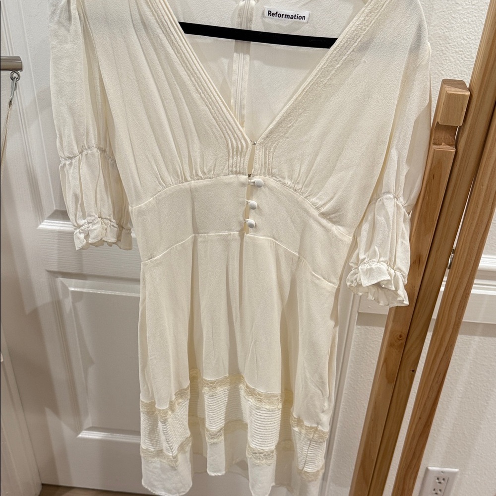 Reformation Ivory Buttoned V-Neck Dress